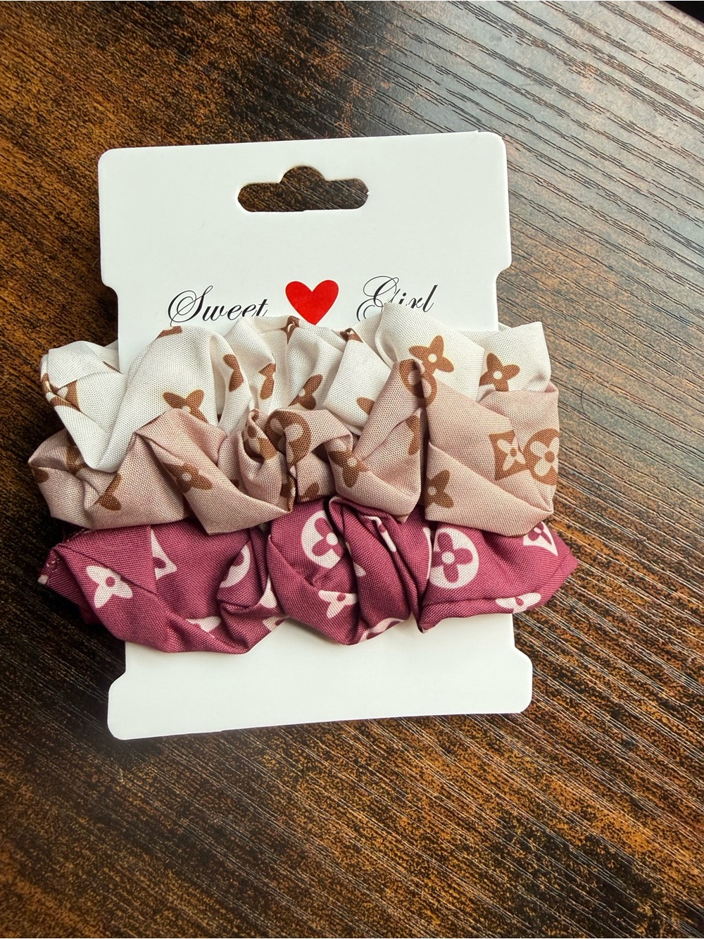 Pink and Beige Patterned Scrunchie Set